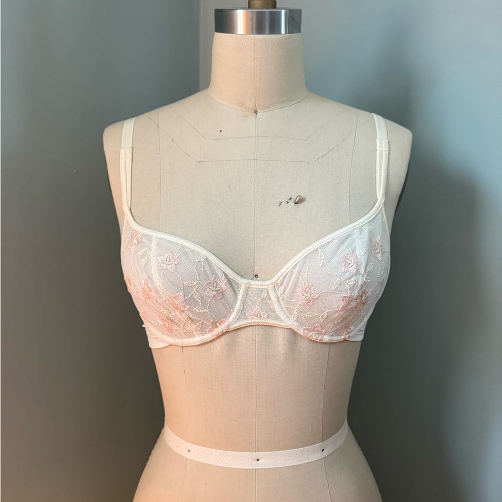 Vintage Floral Embroidered Bra - Cream and Pink